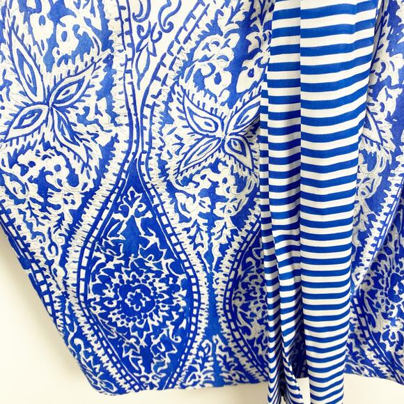 MNG by Mango Paisley Sheath Dress Blue White Knee Length With Sash Womens Size M - Picture 13 of 13